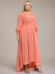 A-line Scoop Asymmetrical Chiffon Mother of the Bride Dress With Pleated Appliques Lace