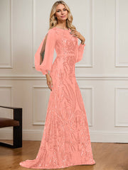 Trumpet/Mermaid Boat Neck Illusion Sweep Train Chiffon Sequin Evening Dress