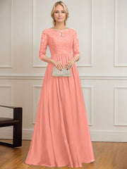 A-line Scoop Floor-Length Lace Chiffon Mother of the Bride Dress With Crystal Brooch Sequins