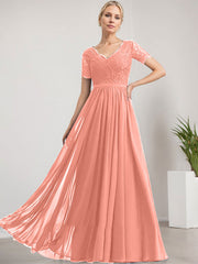 A-line V-Neck Floor-Length Lace Chiffon Mother of the Bride Dress