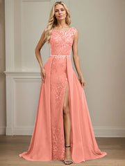 Sheath/Column Scoop Illusion Floor-Length Detachable Chiffon Lace Mother of the Bride Dress With Sequins Beading