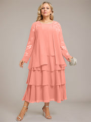 A-line Scoop Tea-Length Chiffon Mother of the Bride Dress With Cascading Ruffles