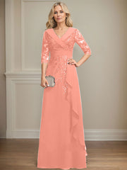 A-line Collared V-Neck Floor-Length Lace Chiffon Mother of the Bride Dress With Sequins Cascading Ruffles