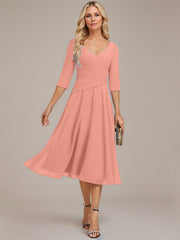 A-line V-Neck Tea-Length Chiffon Mother of the Bride Dress With Pleated