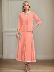 Separates A-line Scoop Tea-Length Chiffon Mother of the Bride Dress With Sequins Beading