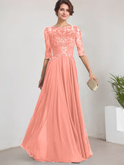 A-line Scoop Illusion Floor-Length Lace Chiffon Mother of the Bride Dress With Pleated Sequins