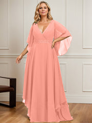 A-line V-Neck Floor-Length Chiffon Mother of the Bride Dress With Sequins Appliques Lace Beading