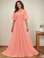 A-line V-Neck Floor-Length Chiffon Mother of the Bride Dress With Sequins Appliques Lace Pleated