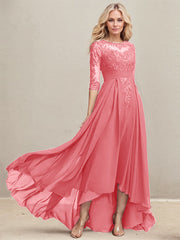 A-line Scoop Illusion Asymmetrical Lace Chiffon Mother of the Bride Dress With Pleated Sequins