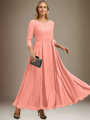A-line V-Neck Ankle-Length Chiffon Lace Mother of the Bride Dress With Rhinestone