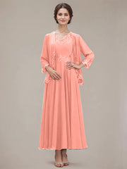 A-line V-Neck Ankle-Length Chiffon Mother of the Bride Dress With Sequins Appliques Lace Beading