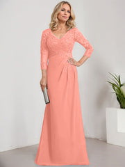 Sheath/Column V-Neck Illusion Floor-Length Lace Chiffon Mother of the Bride Dress With Pleated Sequins