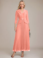 A-line Collared V-Neck Ankle-Length Chiffon Mother of the Bride Dress With Beading Pleated