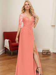 A-Line V-Neck 1/2 Sleeves Floor-Length Chiffon Mother Of The Bride Dresses With Lace