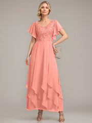 A-line V-Neck Ankle-Length Lace Chiffon Mother of the Bride Dress With Cascading Ruffles