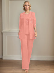 Jumpsuit/Pantsuit Separates Scoop Floor-Length Chiffon Lace Mother of the Bride Dress With Sequins