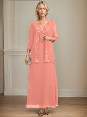A-line V-Neck Ankle-Length Lace Sequin Chiffon Mother of the Bride Dress
