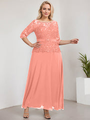 A-line Scoop Illusion Ankle-Length Chiffon Lace Mother of the Bride Dress With Rhinestone Beading