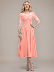 A-line Scoop Illusion Tea-Length Chiffon Lace Mother of the Bride Dress With Sequins Beading