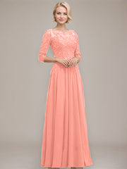 A-line Boat Neck Illusion Floor-Length Chiffon Lace Mother of the Bride Dress With Sequins Beading