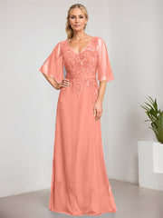 A-line V-Neck Floor-Length Lace Chiffon Mother of the Bride Dress With Sequins Beading