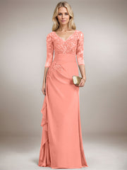 A-line V-Neck Floor-Length Lace Chiffon Mother of the Bride Dress With Cascading Ruffles