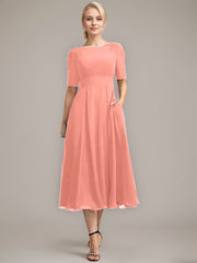 A-line Scoop Tea-Length Chiffon Mother of the Bride Dress With Appliques Lace Sequins