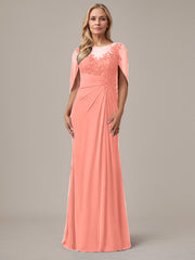 A-Line Floor-Length Boat-Neck Lace Capelet Chiffon Mother of the Bride Dress