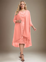 Sheath/Column Scoop Illusion Knee-Length Lace Chiffon Mother of the Bride Dress With Cascading Ruffles Sequins