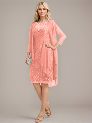 Sheath/Column Scoop Illusion Knee-Length Lace Chiffon Mother of the Bride Dress With Cascading Ruffles Sequins