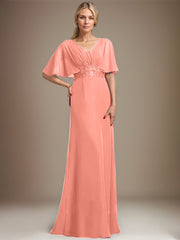 A-line V-Neck Floor-Length Chiffon Mother of the Bride Dress With Sequins Appliques Lace Pleated