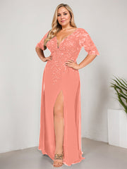 Sheath/Column V-Neck Floor-Length Lace Chiffon Mother of the Bride Dress With Sequins