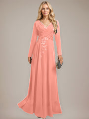 A-line V-Neck Floor-Length Stretch Crepe Evening Dress With Pleated Sequins Appliques Lace