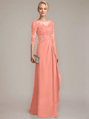 A-line Scoop Illusion Floor-Length Chiffon Lace Mother of the Bride Dress With Beading Sequins Cascading Ruffles