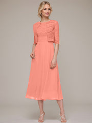 A-line/Princess Scoop Tea-Length Chiffon Mother of the Bride Dress With Lace Jacket