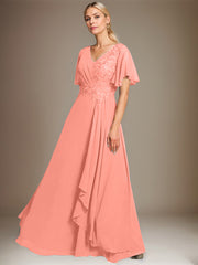 A-line V-Neck Floor-Length Lace Chiffon Mother of the Bride Dress With Cascading Ruffles Sequins