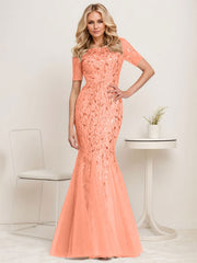 Floral Sequin Print Maxi Long Fishtail Tulle Mother Of The Bride Dresses