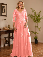 A-line V-Neck Floor-Length Tulle Lace Mother of the Bride Dress With Sequins