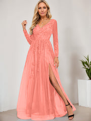 A-line V-Neck Floor-Length Tulle Prom Dresses With Sequins Appliques Lace Beading