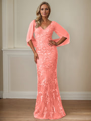 Sheath V-Neck Floor-Length Tulle Mother of the Bride Dress