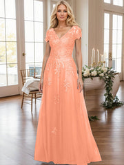A-Line V-Neck Short Sleeves Sweep Train Lace/Tulle Mother Of The Bride Dresses
