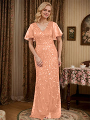 Sheath V-neck Short Sleeves Floor-Length Lace Mother of the Bride Dress