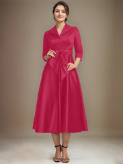 A-line V-Neck Collared Tea-Length Satin Mother of the Bride Dress