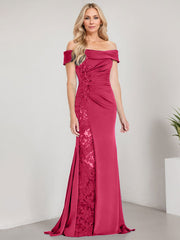 A-Line Off the Shoulder Floor-Length Chiffon Mother of the Bride Dress Applique Beadings Mermaid Dress With  High Split