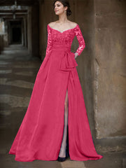 A-Line Off-The-Shoulder 3/4 Sleeves Sweep Train Lace/Satin Mother Of The Bride Dresses With Split Front
