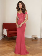 Off-The-Shoulder Elegant Elastic Satin Mother Of The Bride Dresses With Beaded Embroidery