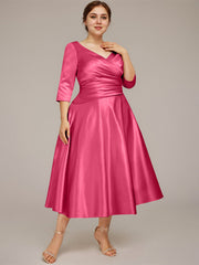 A-line V-Neck Tea-Length Satin Mother of the Bride Dress With Pleated
