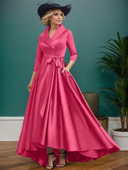 A-Line V-Neck 3/4 Sleeves Satin Mother Of The Bride Dresses With Pockets
