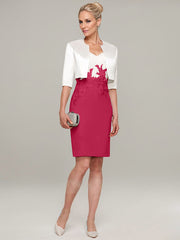 Sheath/Column V-Neck Knee-Length Satin Mother of the Bride Dress With Jacket Appliqued