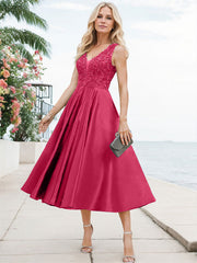 A-Line V-Neck Sleeveless Tea-Length Satin Mother Of The Bride Dresses With Lace
